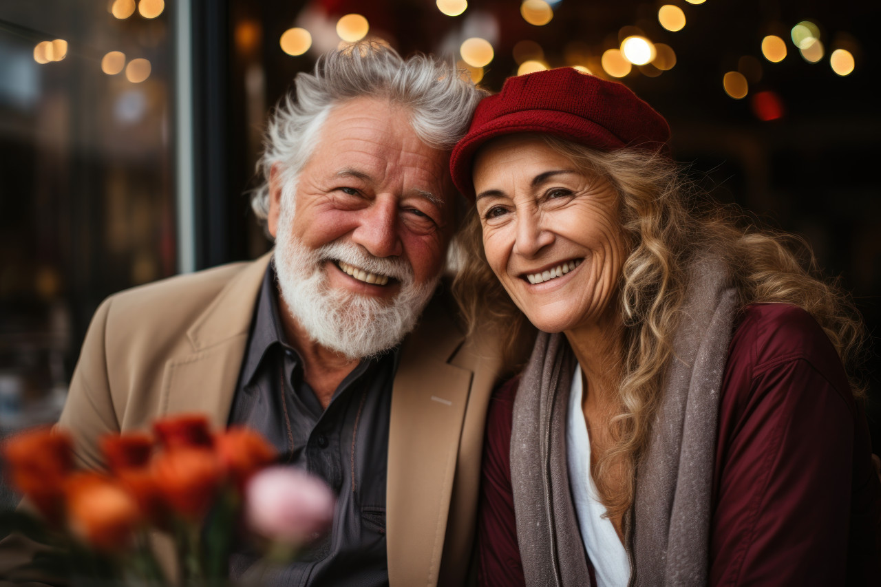 Aged couple relaxing at an outdoor cafe, diverse active seniors pictures