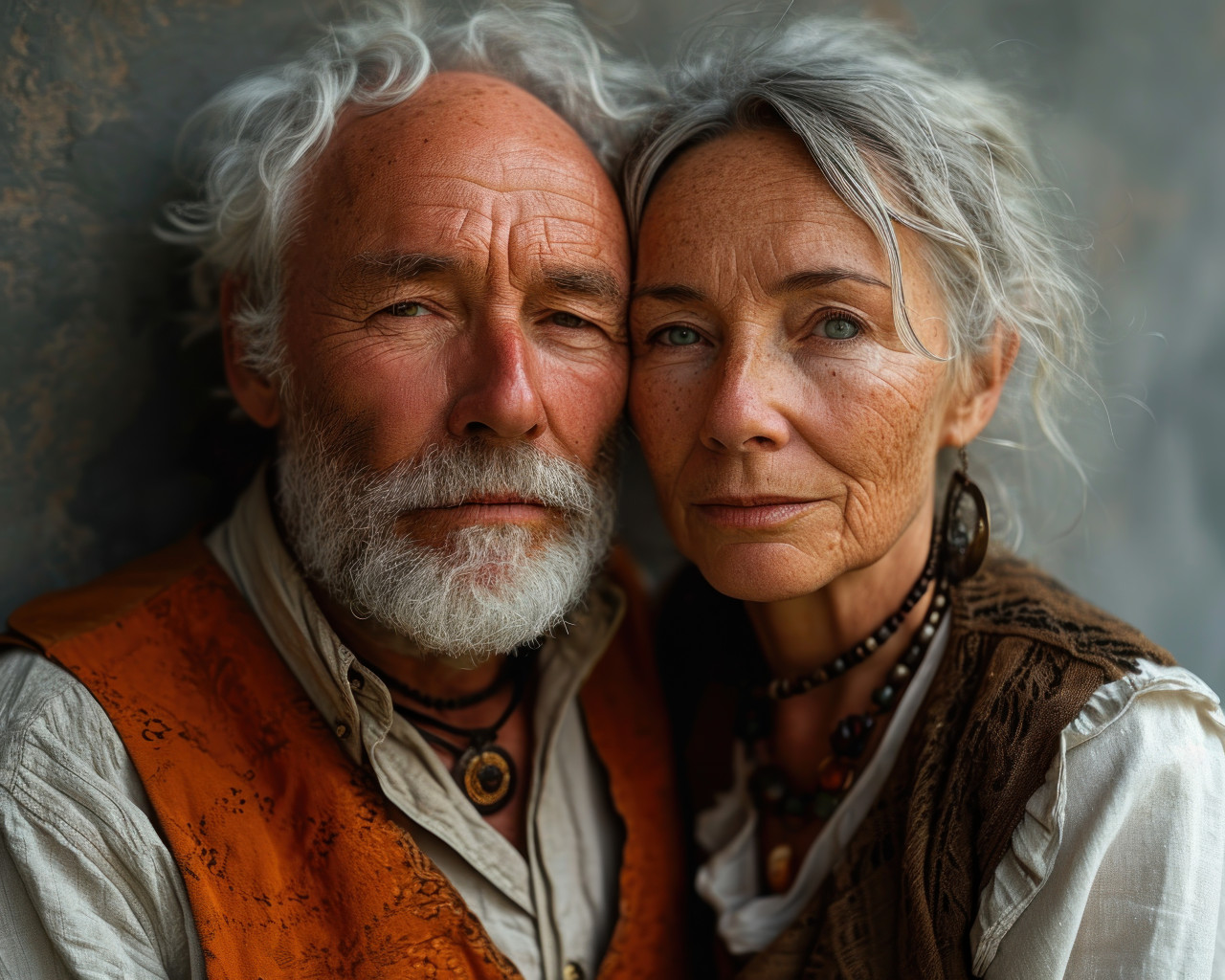 Elders couple posing together against grey wall, images of senior citizens