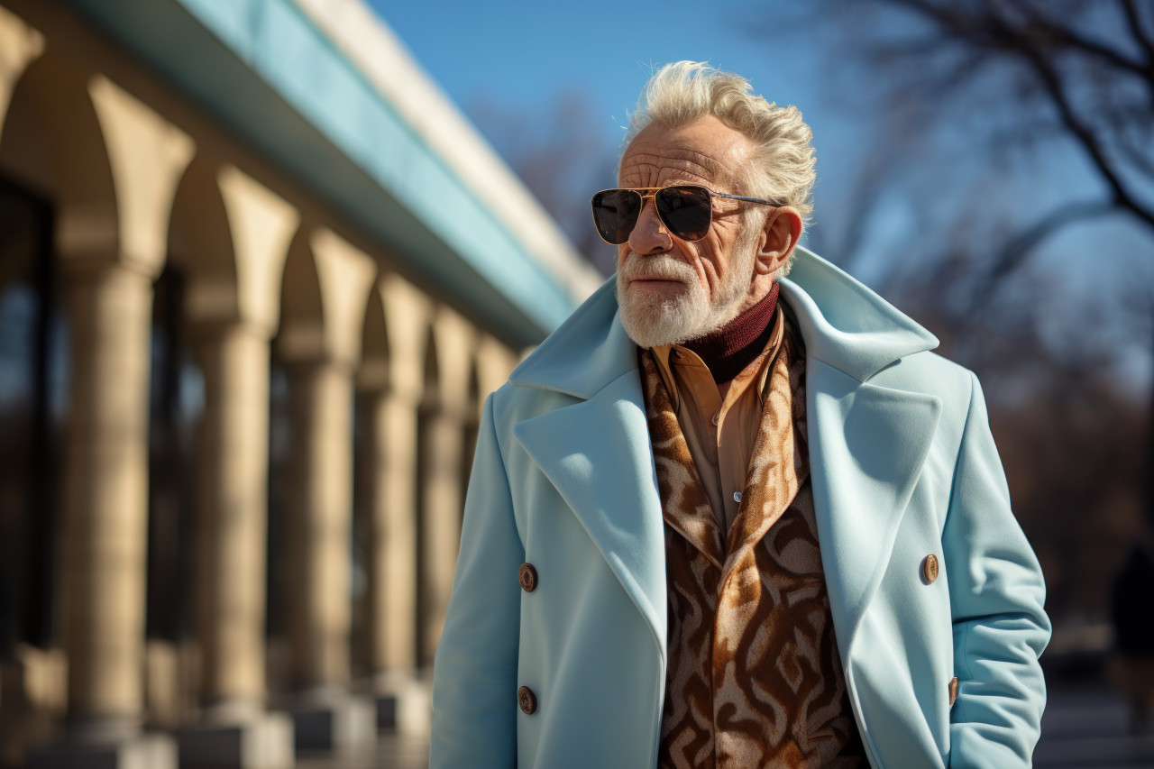 Elderly man radiates style in classic coat, happy active seniors images