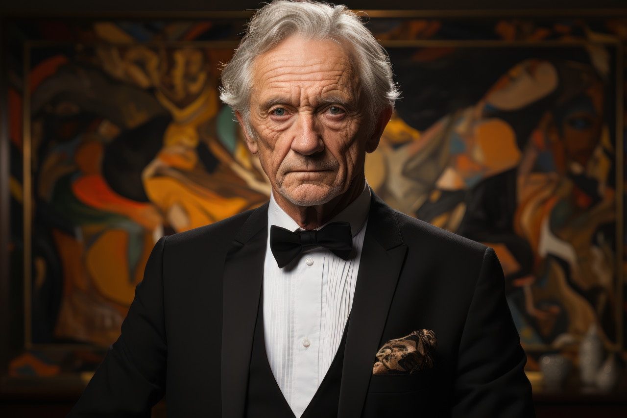 Elderly man stands firm in suit, images of senior citizens