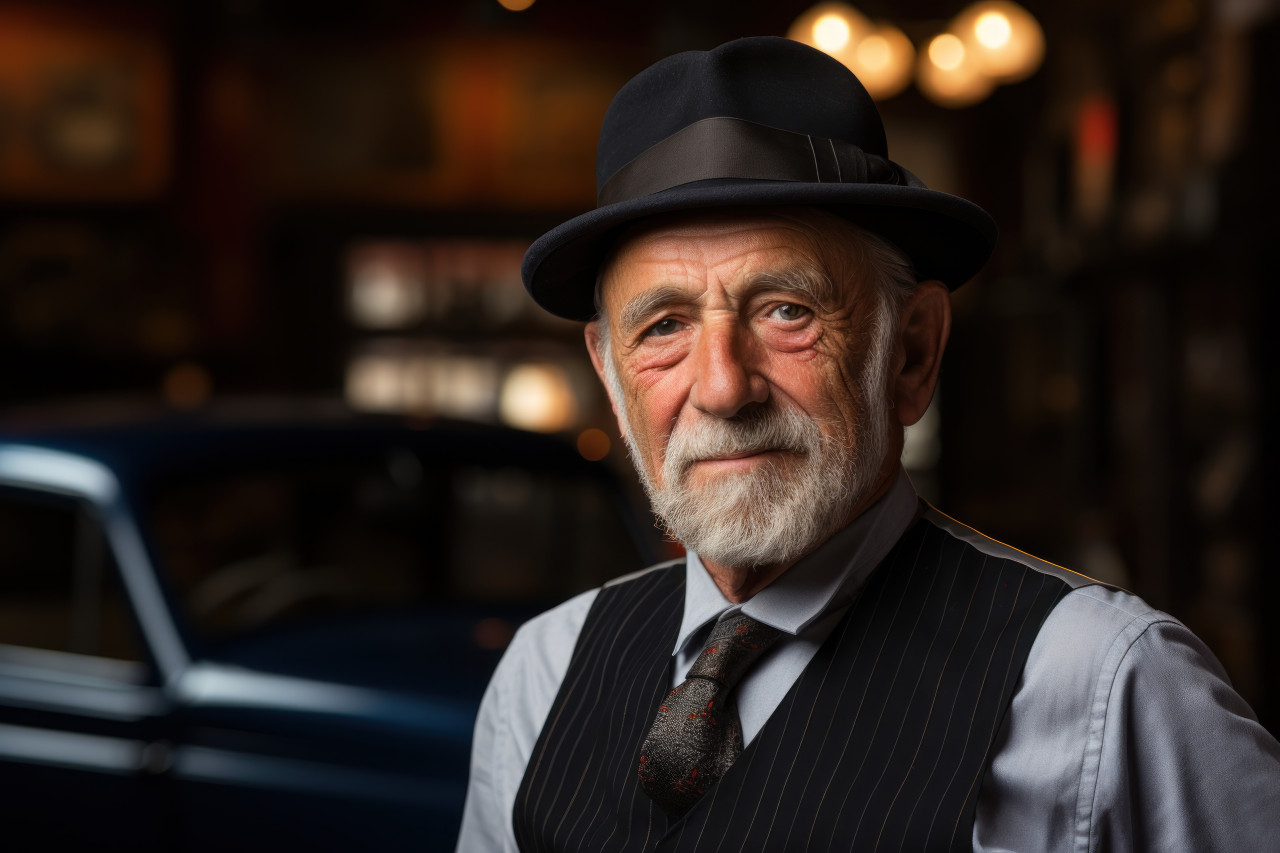 Older gentleman in hat and suspenders, diverse active seniors pictures