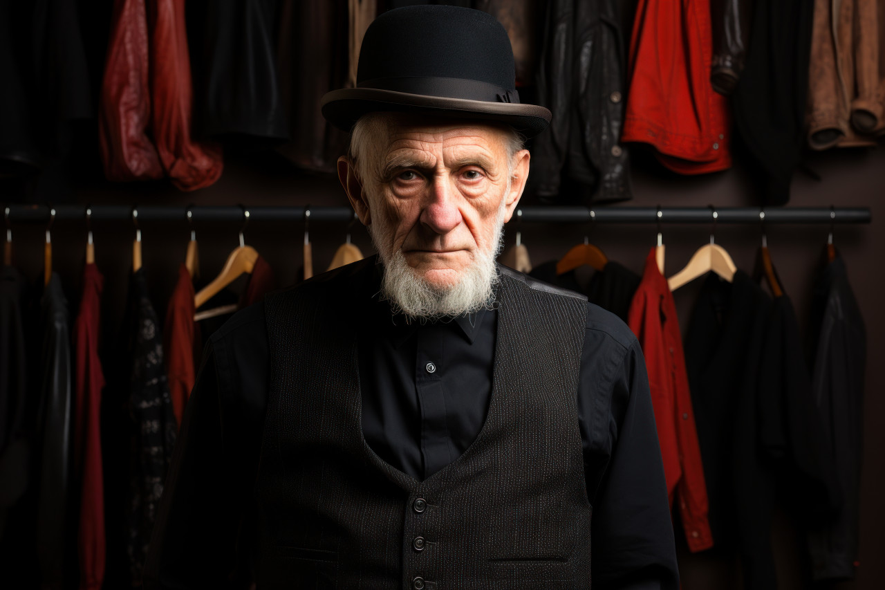 Senior posing with classic black suspenders, active seniors lifestyle images