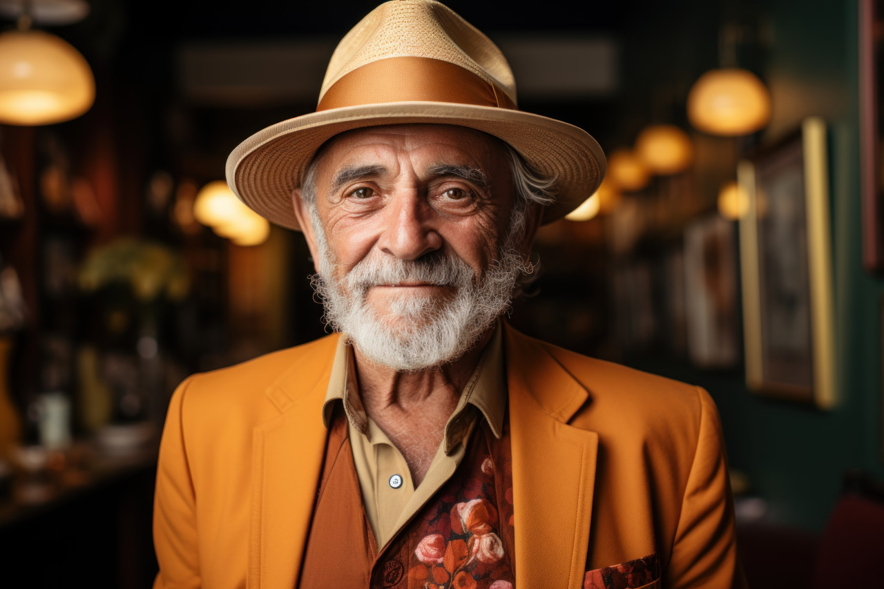 Man embracing life in his hat, happy active seniors images