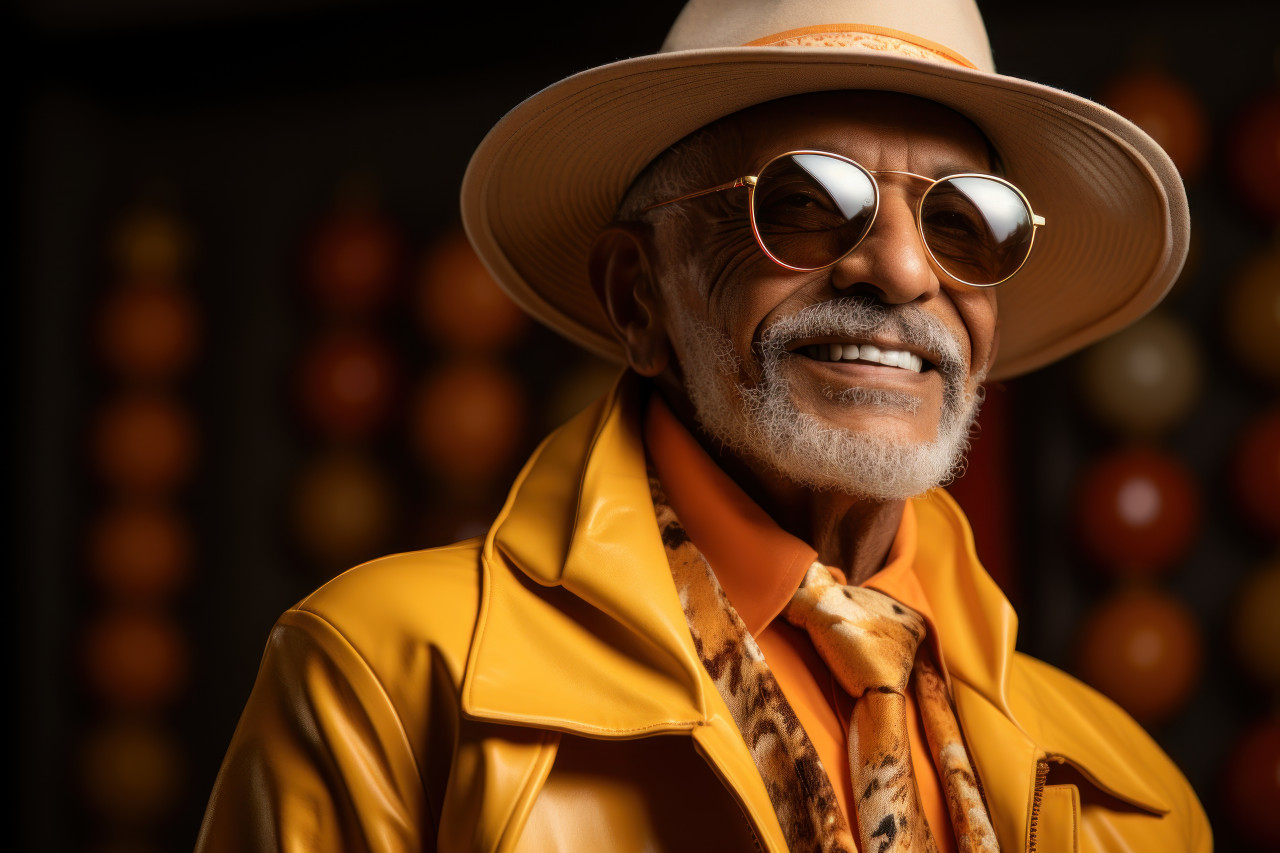 Older man exuding style in beige jacket and sunglasses, active seniors lifestyle images