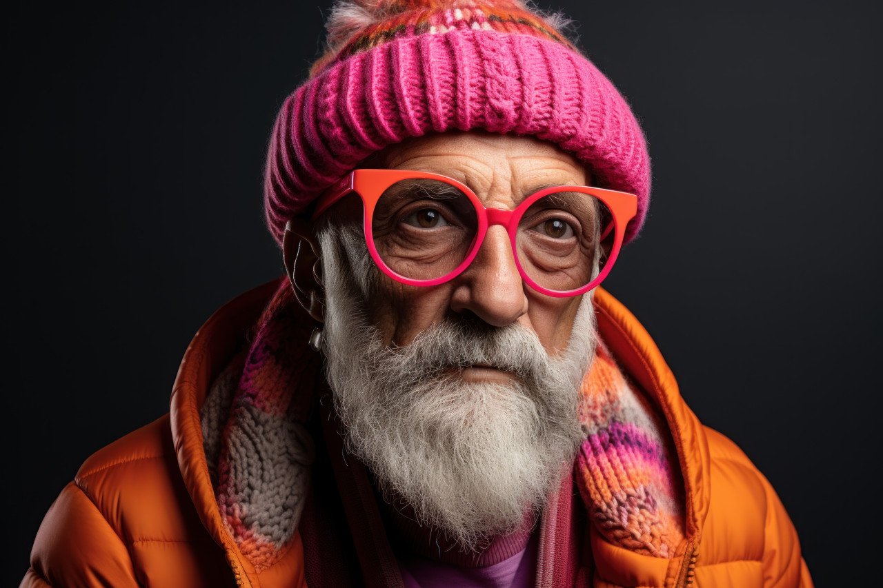 Stylish older man in cap glasses and full beard, diverse active seniors pictures