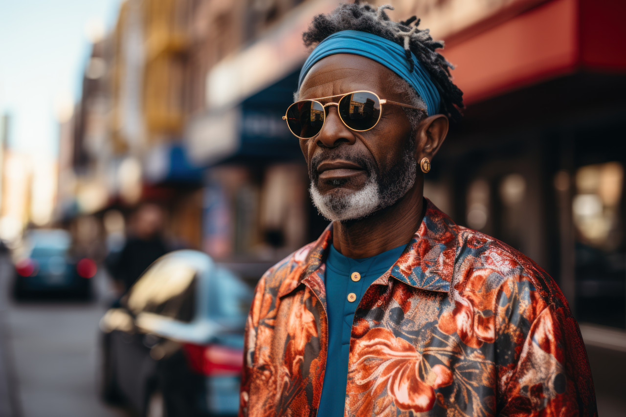 Elderly man in shades assessing urban shirt, images of senior citizens