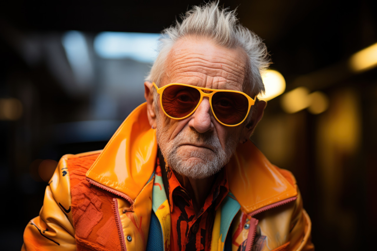 Older man yellow jacket and sunglasses, images of senior citizens