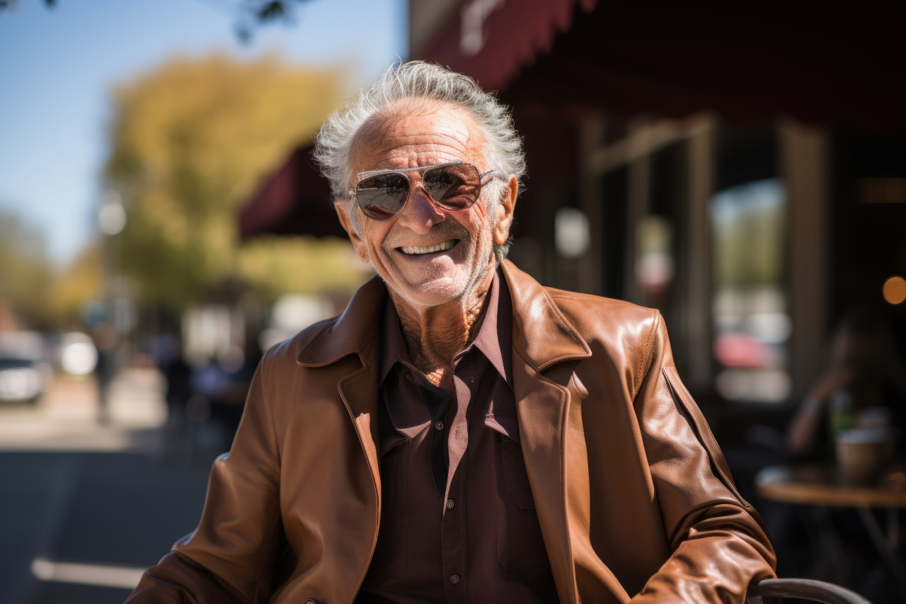 Older man exuding style in bourbon jacket, active seniors lifestyle images