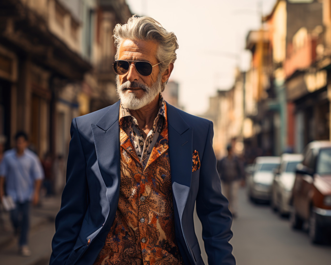 Fashionably dressed old man enjoying city stroll in suit, diverse active seniors pictures