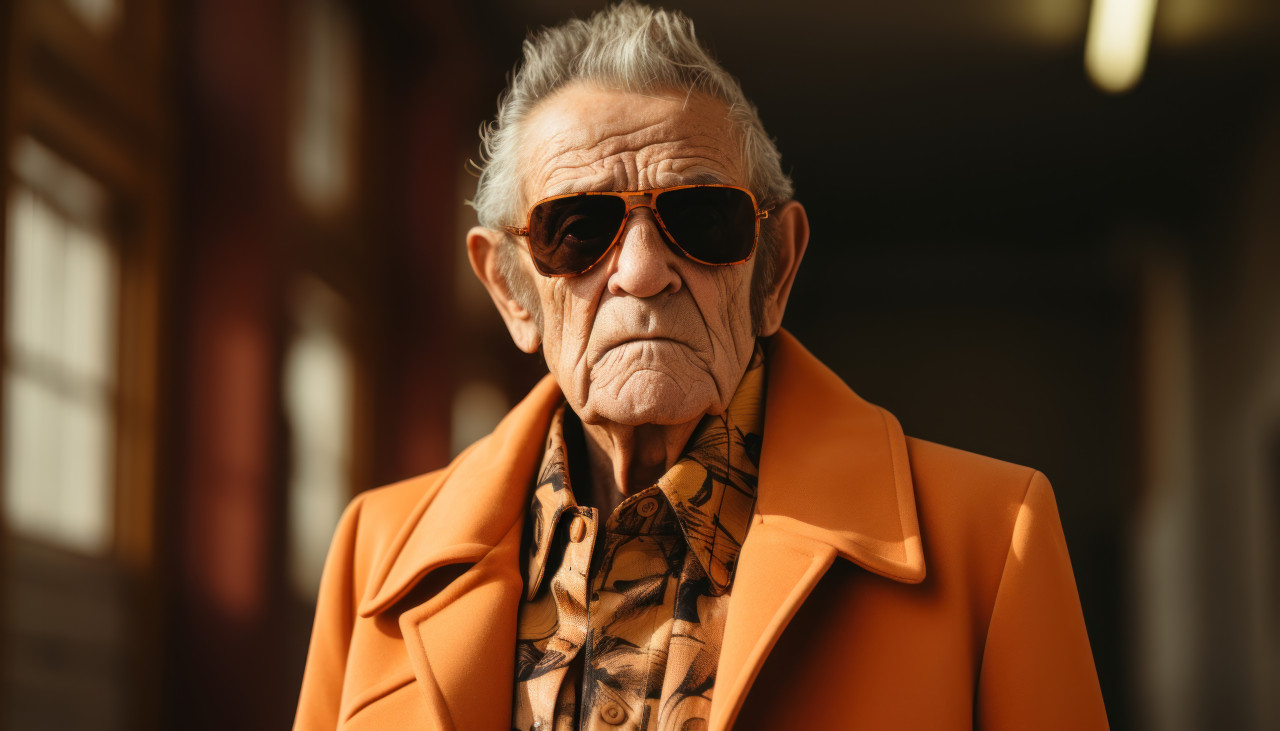 Senior gentleman in tan coat and stylish sunglasses, happy active seniors images