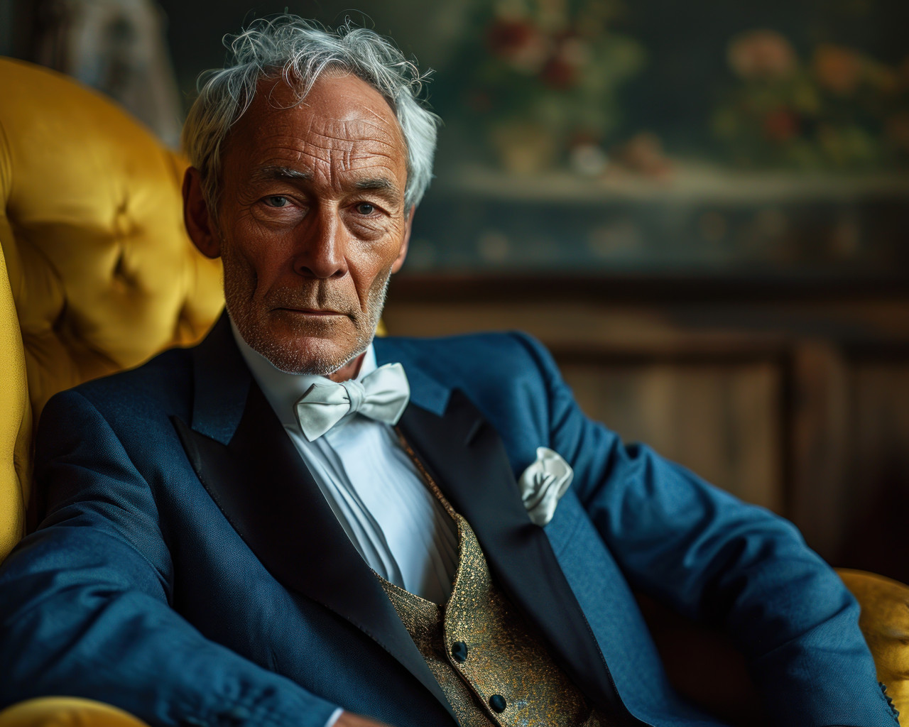 An elegant older man in a tuxedo relaxes on a vibrant yellow chair, active seniors lifestyle images