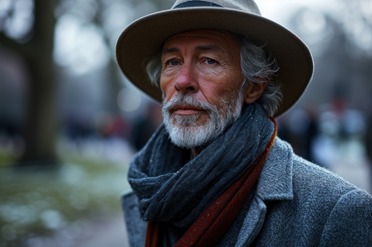 An elegant older man embraces winter fashion in the park with a hat and scarf, diverse active seniors pictures