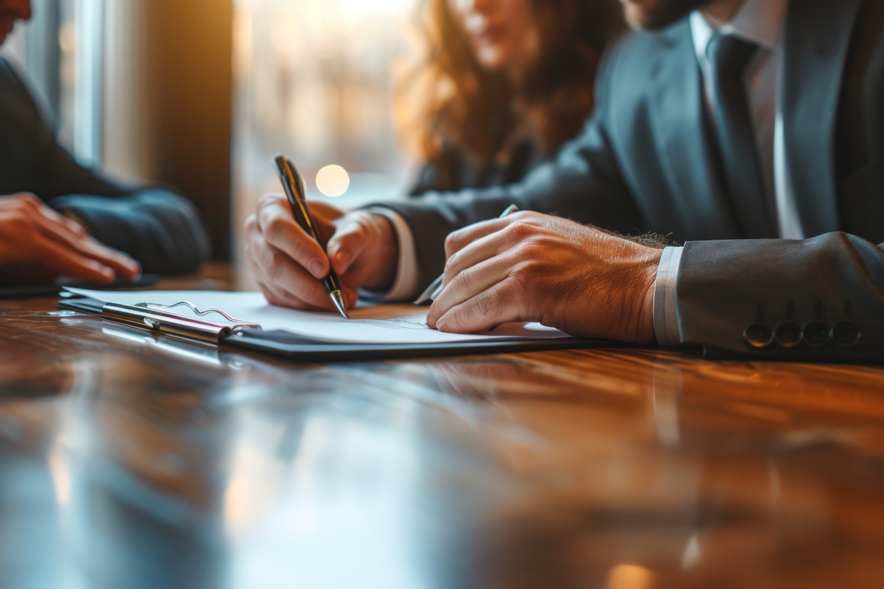 Signing agreements at a conference table, business meeting photo