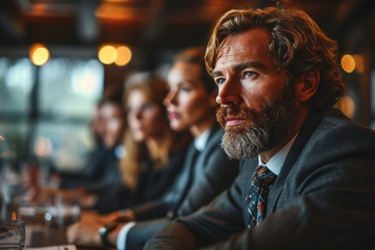 Professionals engaged in a productive conversation at the meeting table, business meeting photo