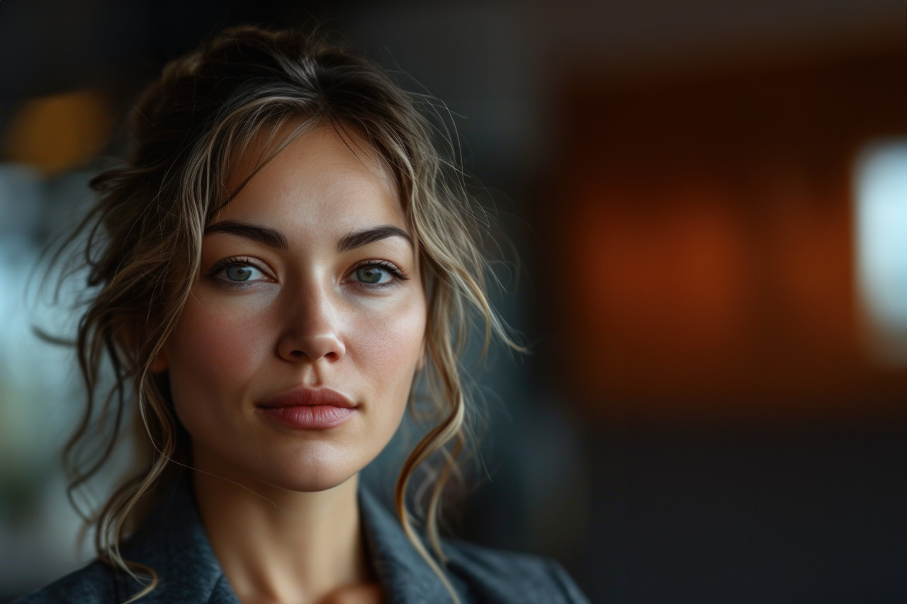 An empowered businesswoman engages with the audience in a corporate conversation, business meeting photo