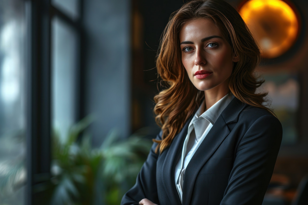 An empowered woman in a suit engages in a firm handshake in the office environment, business meeting photo