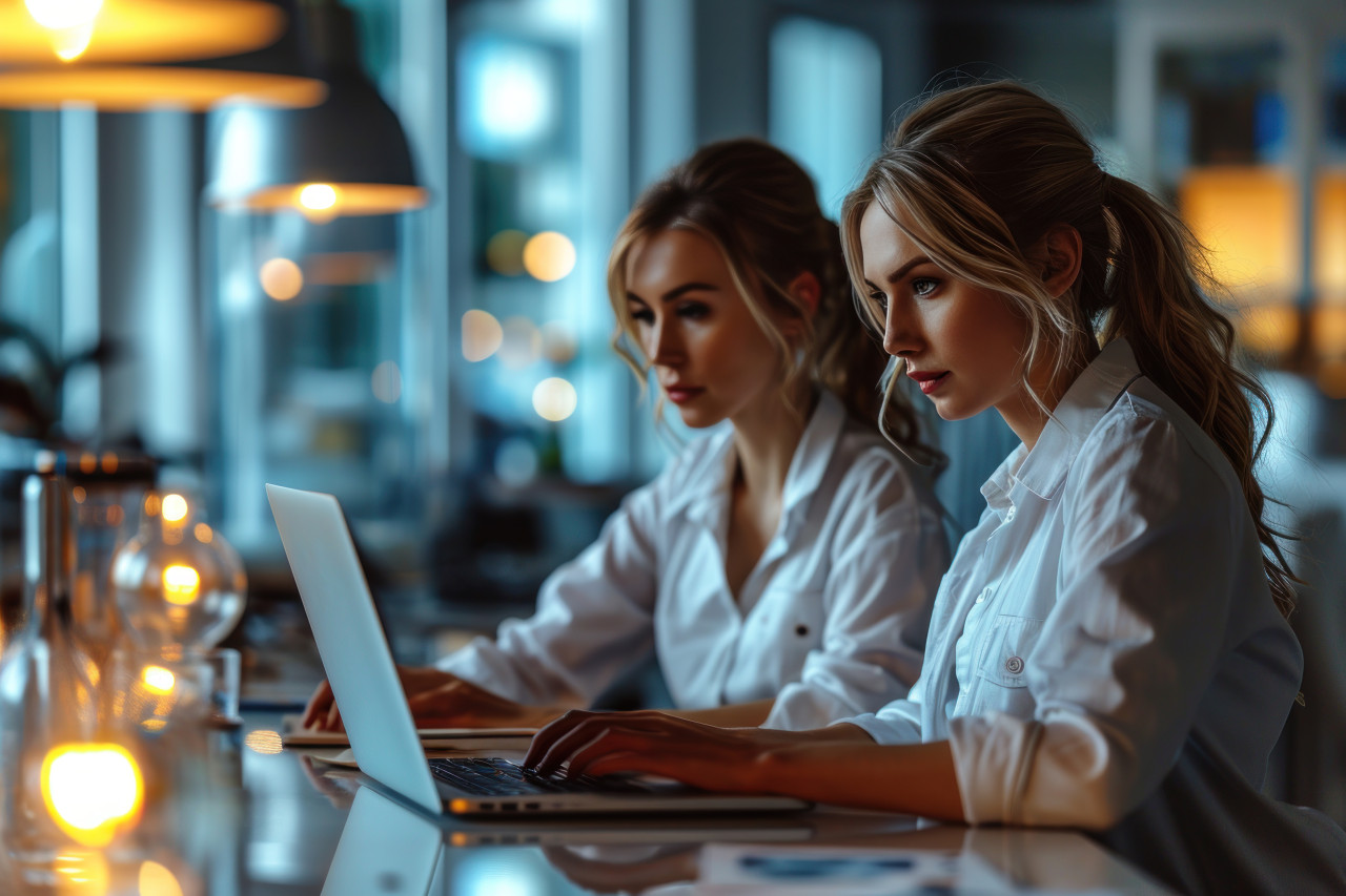Businesswomen engaged in office tasks with a laptop, business meeting photo