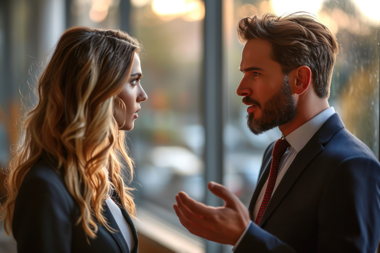 A young man and woman in a friendly talk during a business meeting, business meeting photo