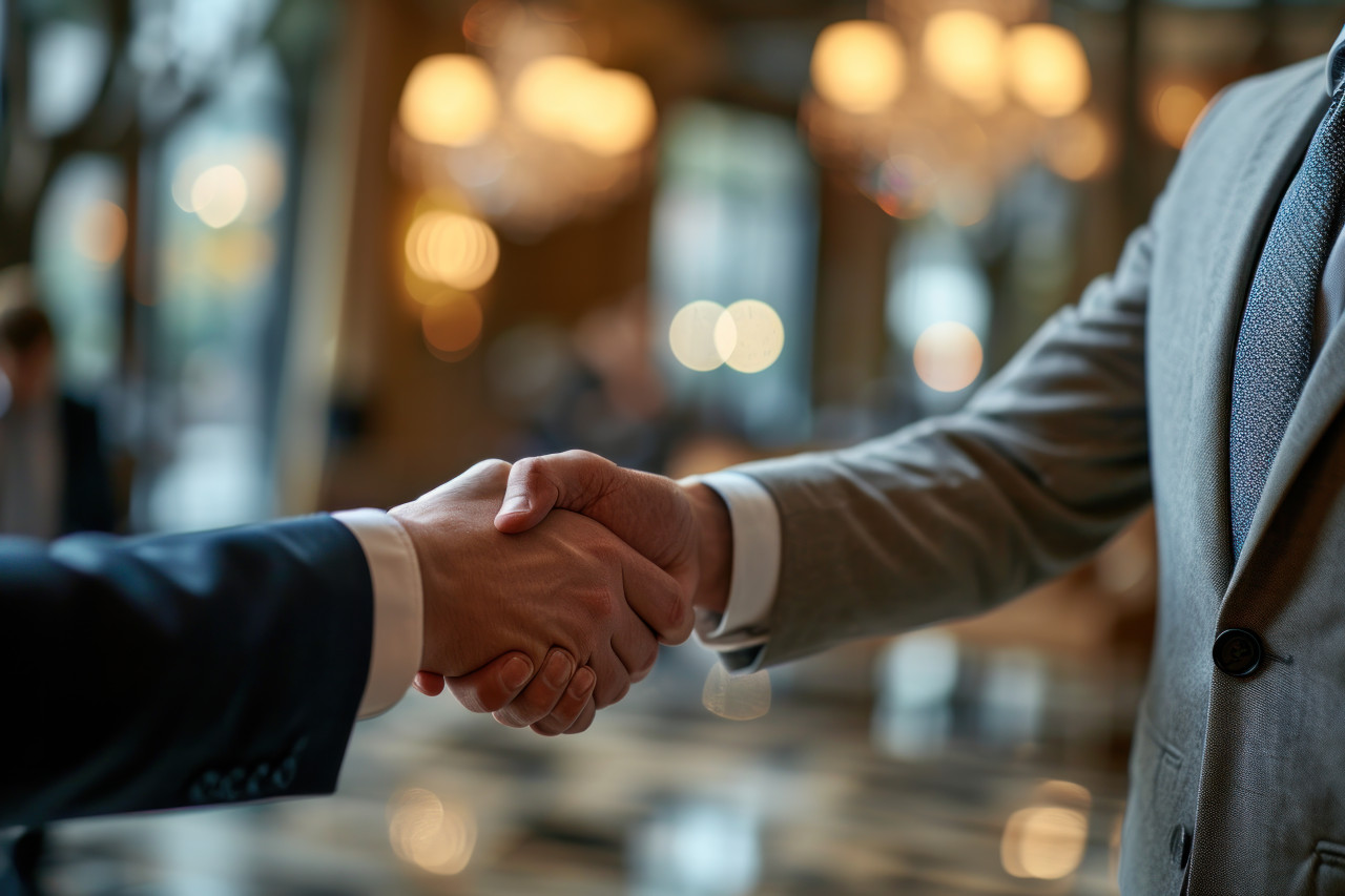 A friendly handshake between two men in a professional setting, business meeting photo