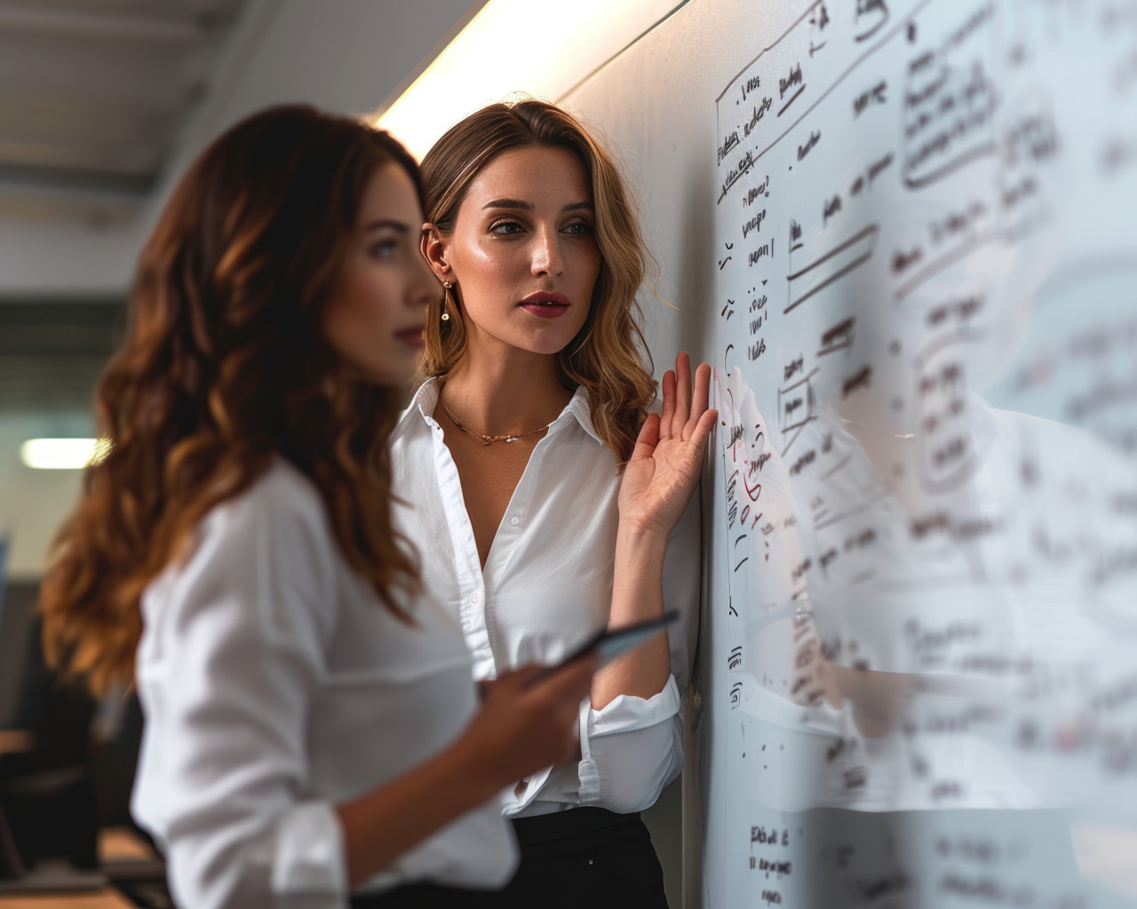 Two female colleagues standing by a whiteboard, business meeting photo