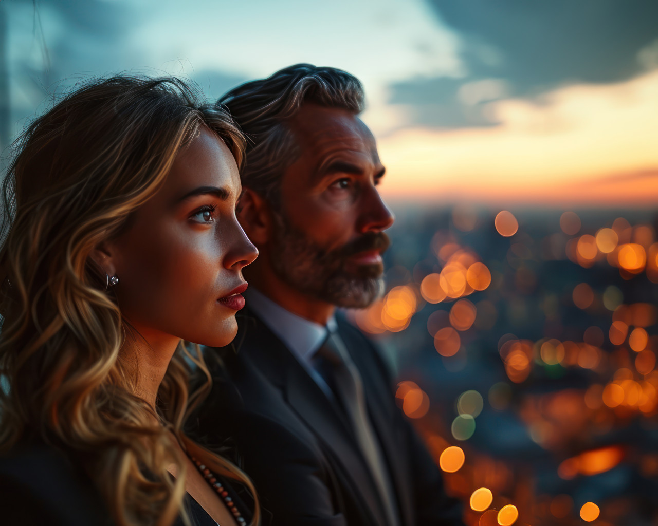 Business partners confer on top floor overlooking the city, business meeting photo