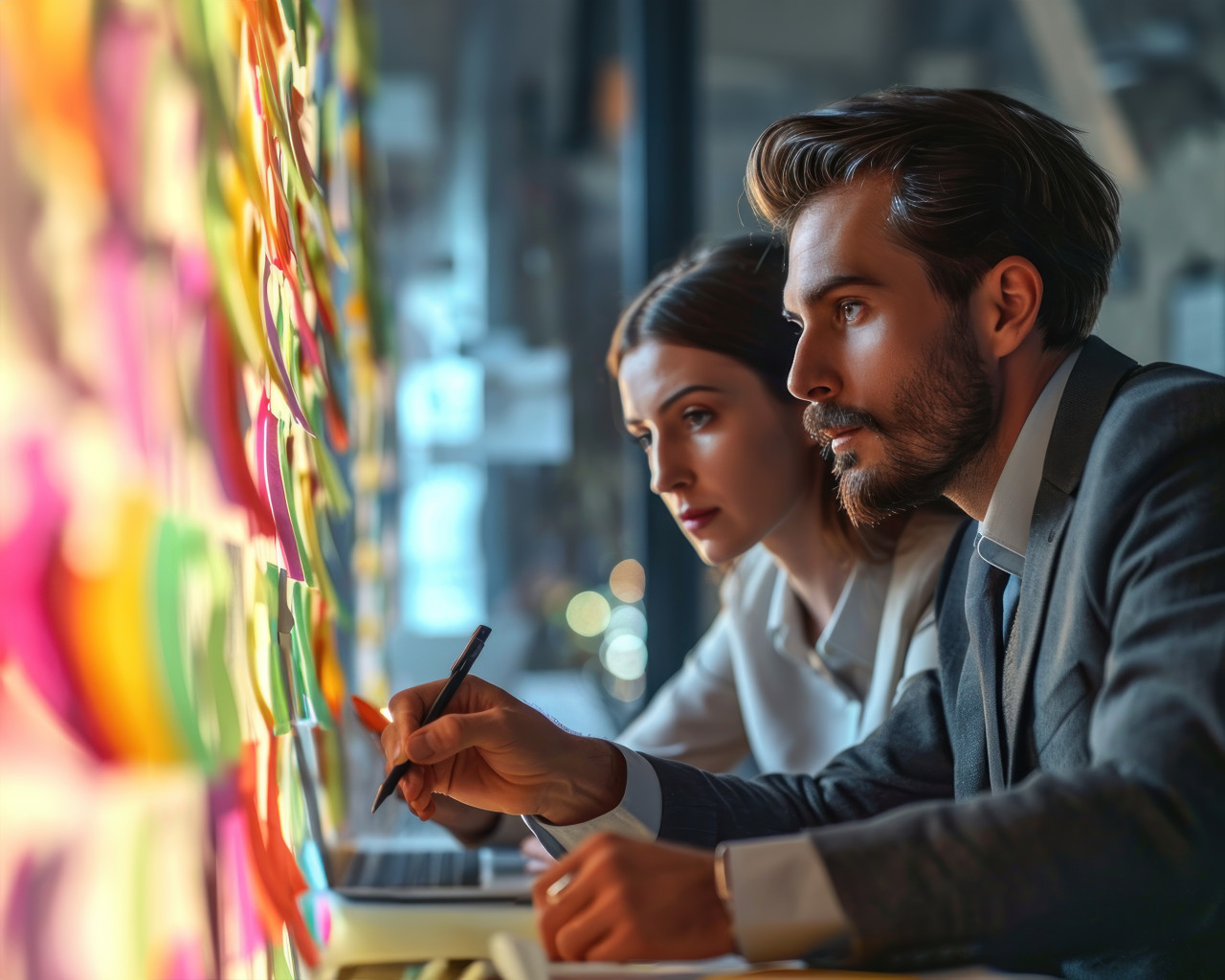 Teamwork and idea generation with sticky notes in business, business meeting photo