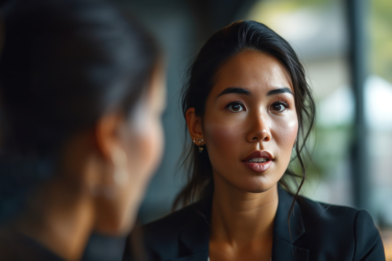 Woman in a business setting confidently expressing her thoughts during a meeting, business meeting photo