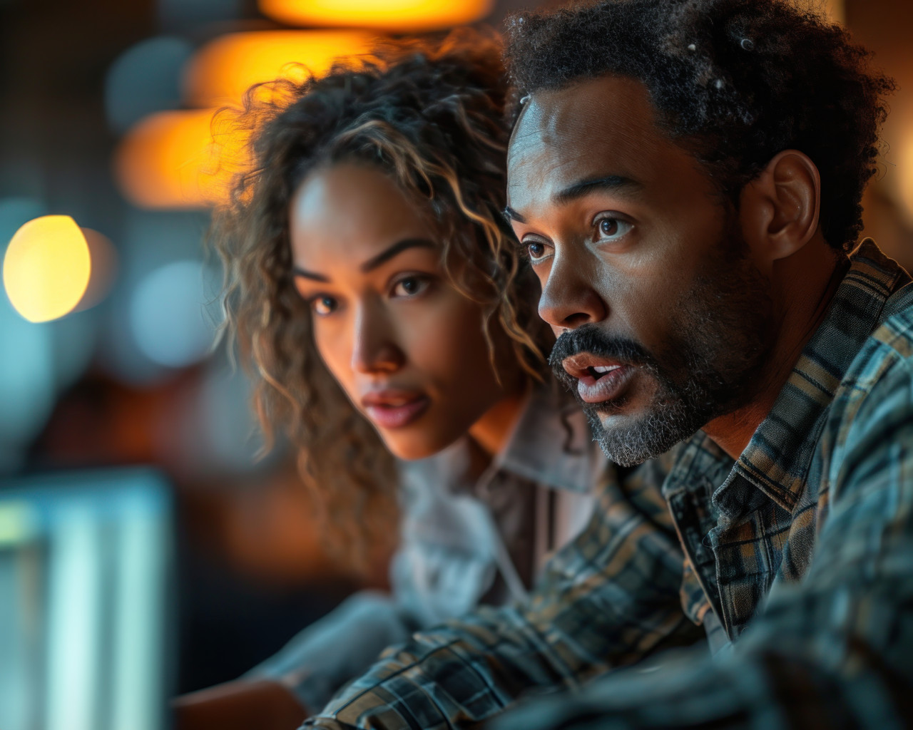Two workers in a disagreement about computer related tasks, business meeting photo
