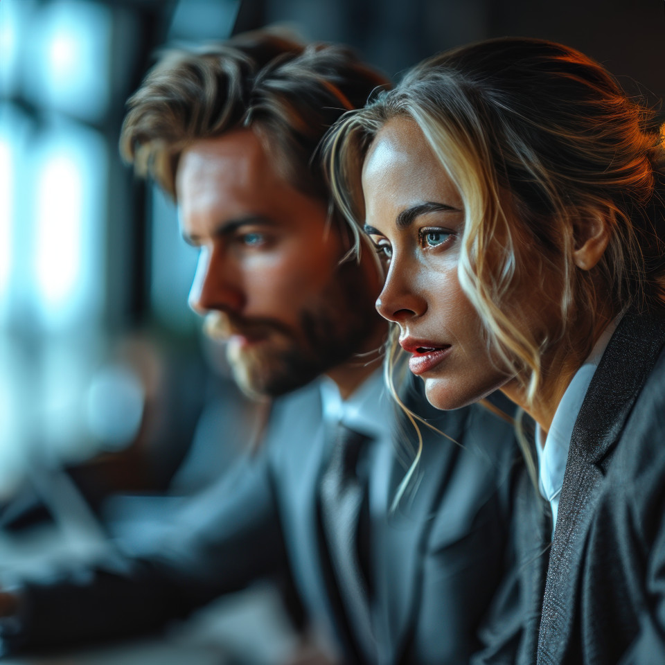 Business team focused on a laptop in their workspace, business meeting photo