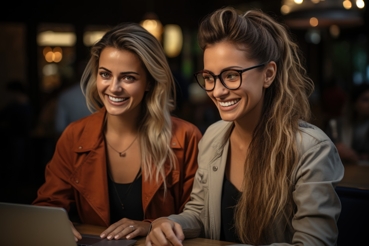 Women in business outfits working side by side on a laptop, business meeting photo