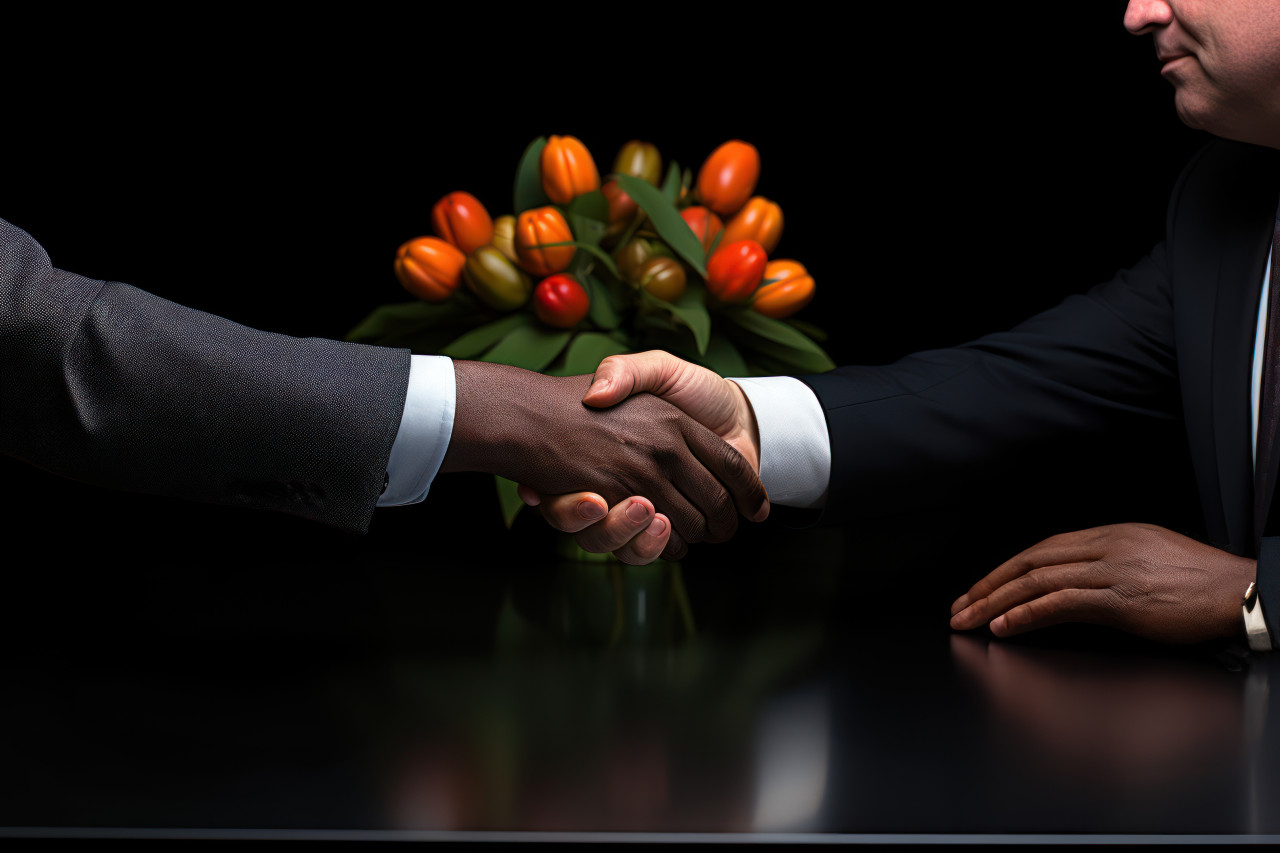 Handshake between coworkers at a desk, business meeting photo