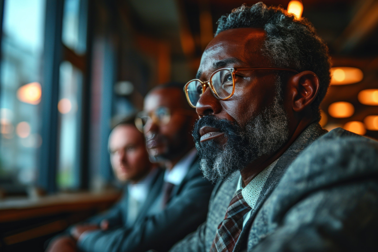 Three businessmen in a discussion session, business meeting photo