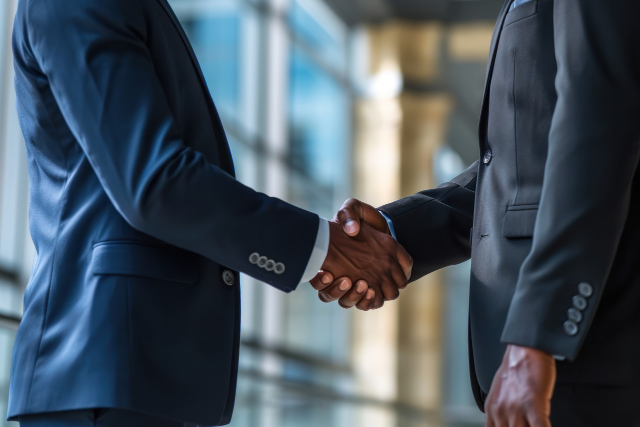 Formal business handshake between man in black suit and colleague in blue, business meeting photo