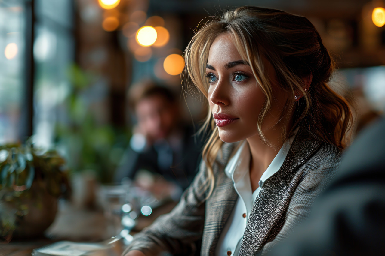 A business woman and man discussing ideas in the office, business meeting photo