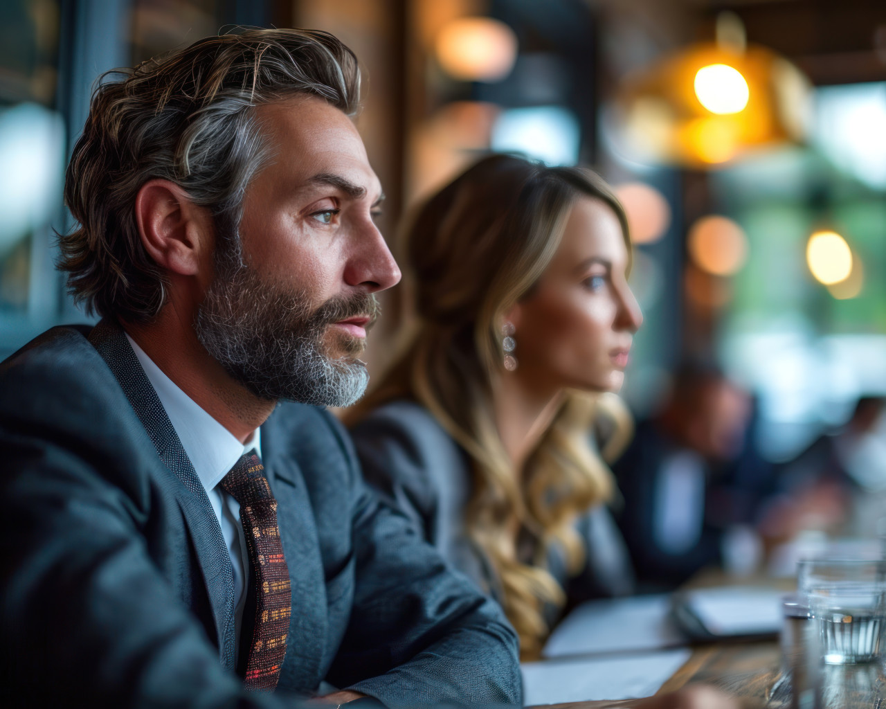 Business partners in dialogue discussing ideas and plans in a professional setting, business meeting photo
