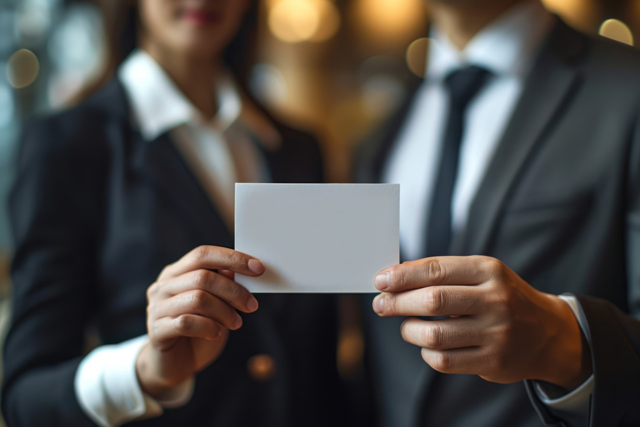 Two business minds share insights on index card, business meeting photo