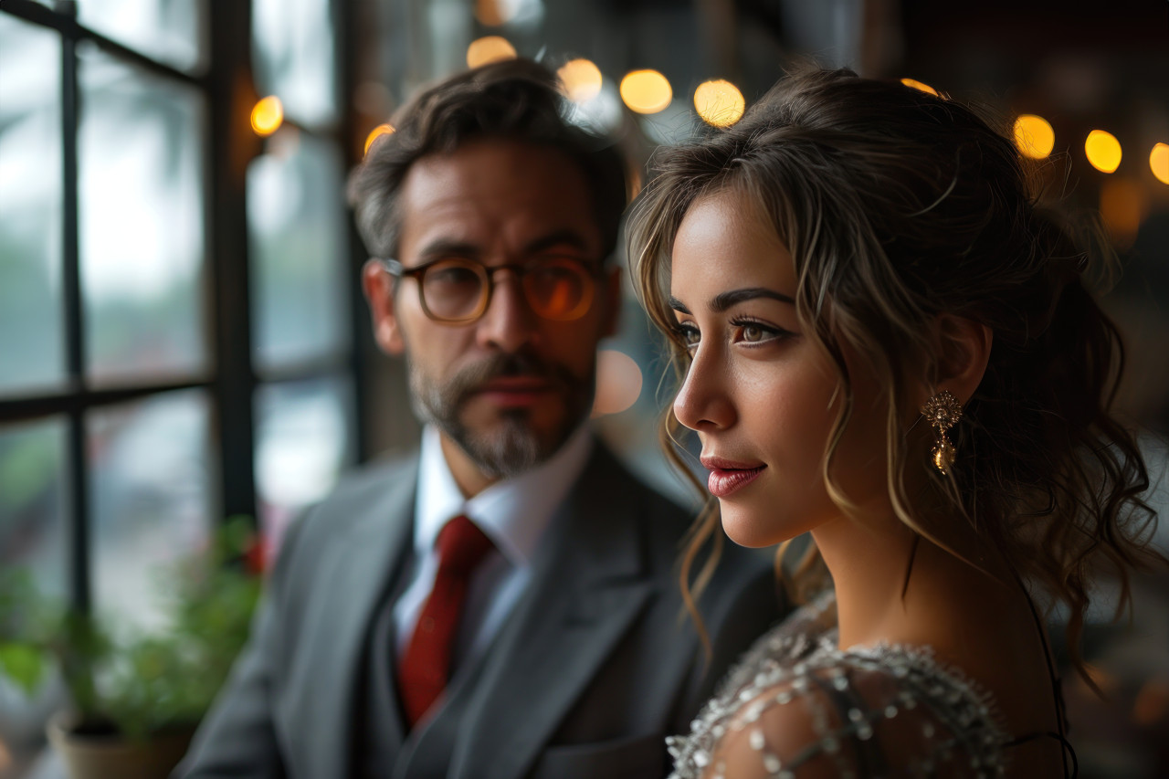 Professional interaction between a businessman and female colleague in an office setting, business meeting photo