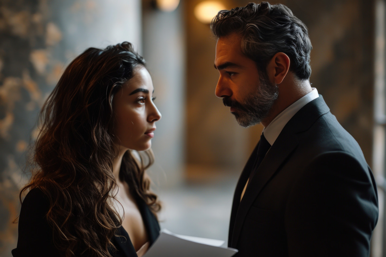 Professionals engaged in a strategic conversation with scattered documents, business meeting photo