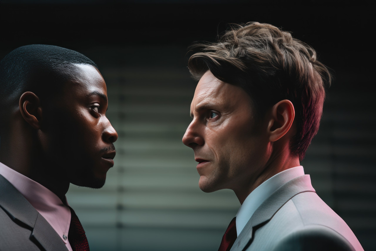 Businessmen wearing expressions of frustration as they exchange uneasy glances, business meeting photo