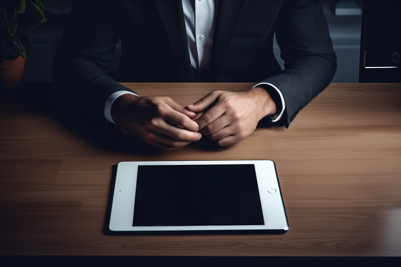 Hands exchanging a tablet in a business environment, business meeting photo