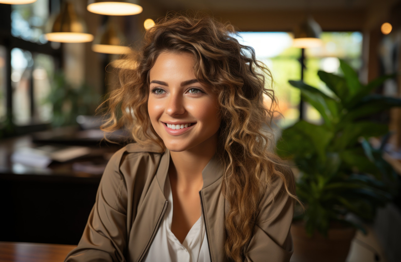 Smiling female entrepreneur focused on her laptop in a modern workspace, business meeting photo