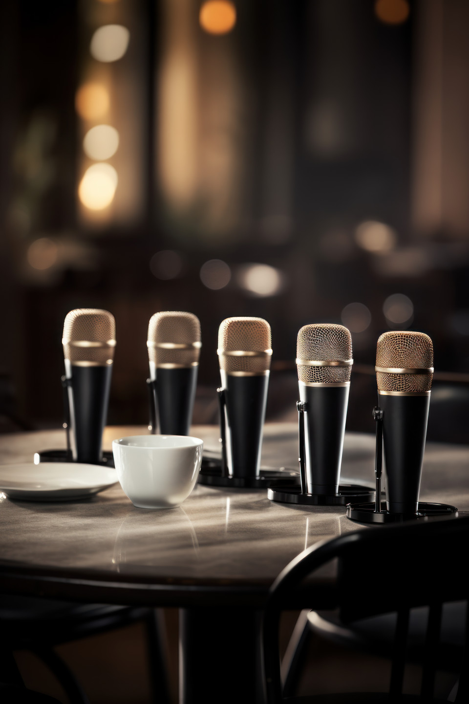 Microphones and coffee cups create a harmonious scene, business meeting photo