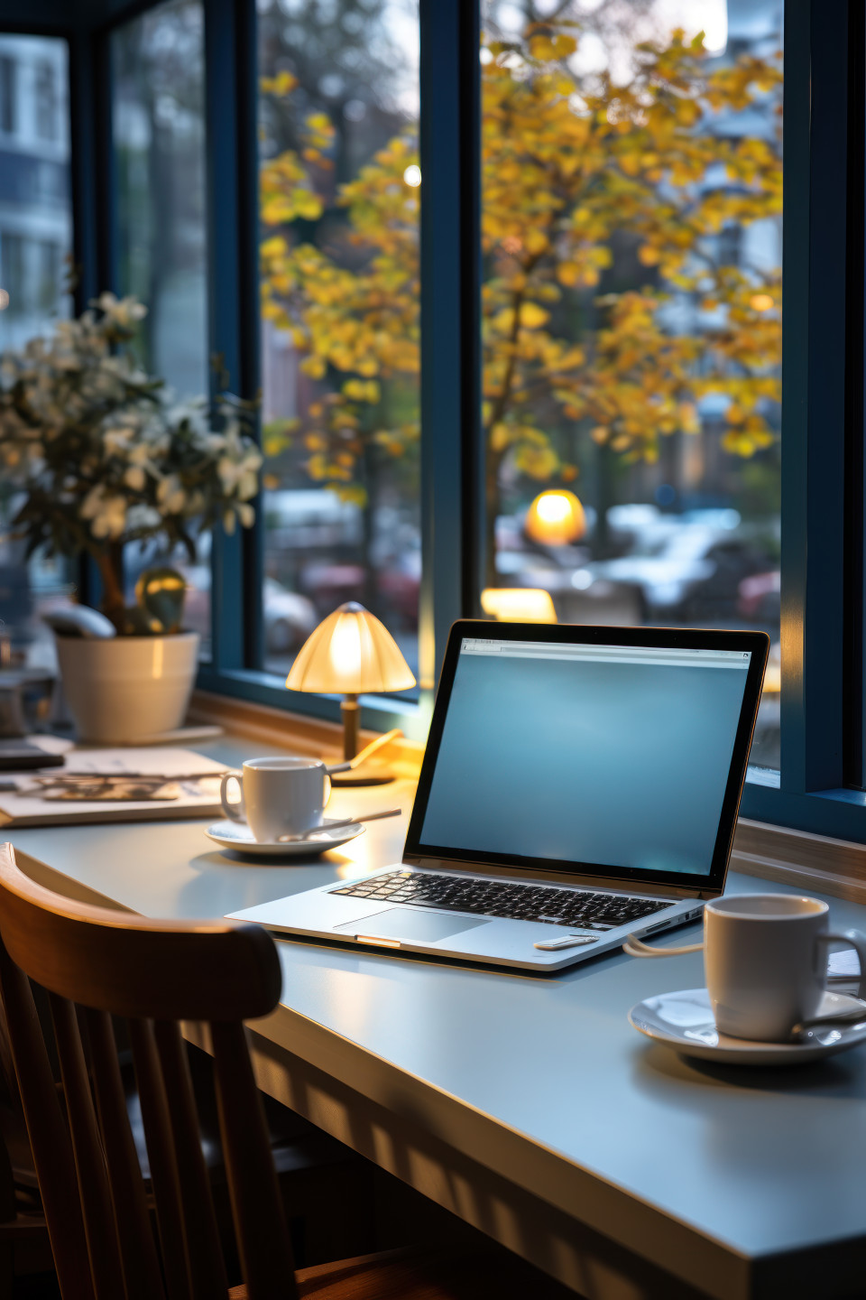 Neat office table adorned with a laptop and an elegant white cup, business meeting photo