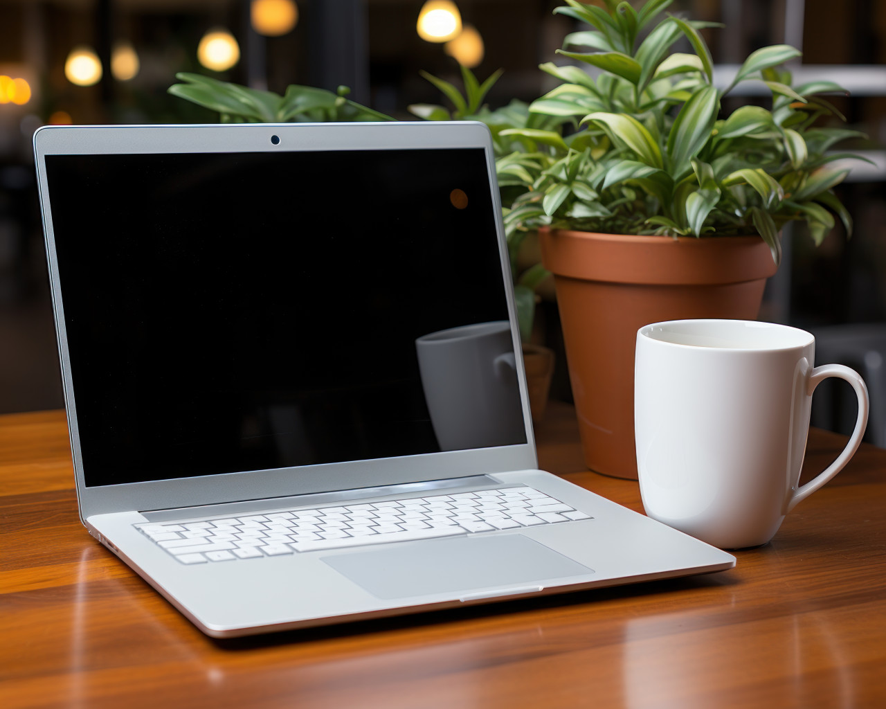 Laptop desk and a steaming cup, business meeting photo