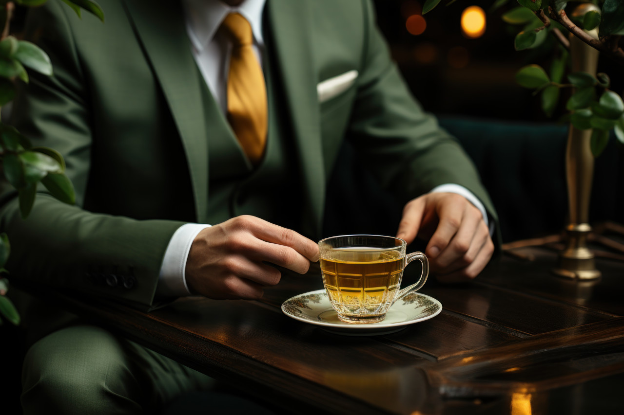 Suited man takes a coffee break exuding confidence and professionalism, business meeting photo