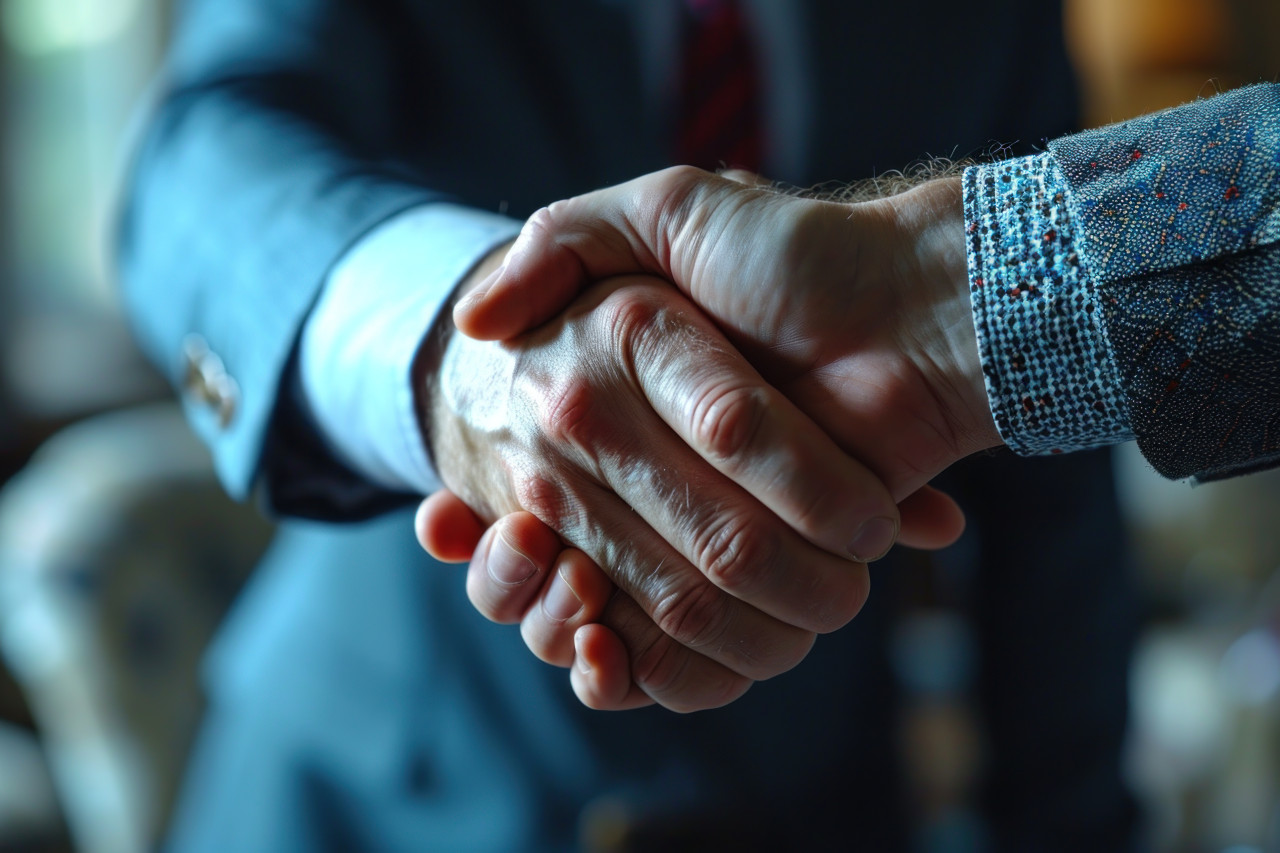 Business professionals sealing the deal with a handshake in a conference room, business meeting photo