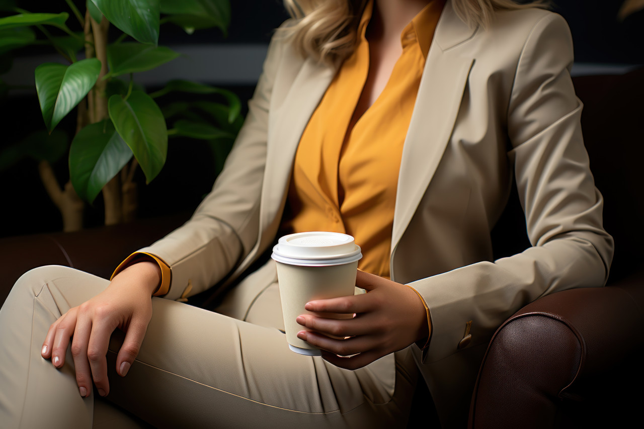 Coffee break for a successful businesswoman in her office chair, business meeting photo