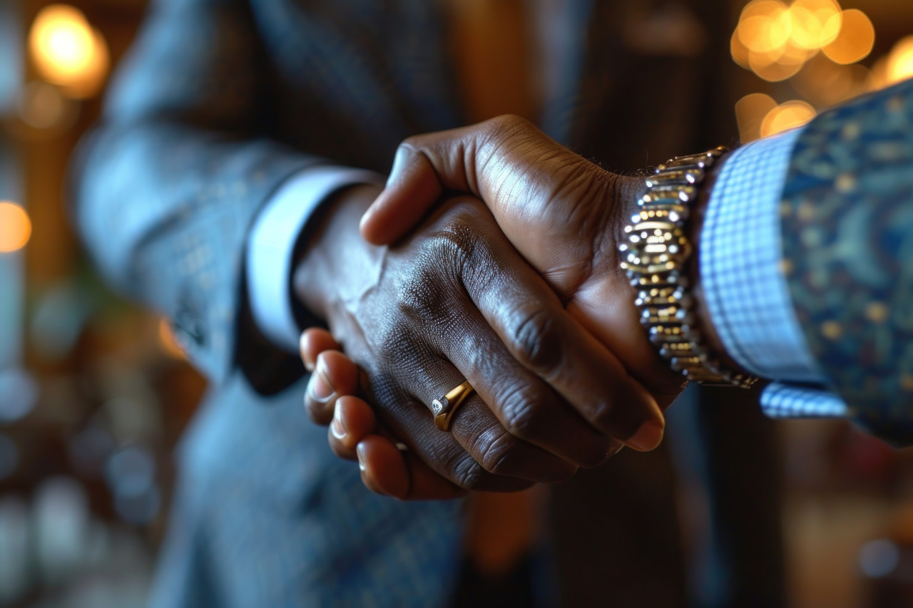 Successful business agreement captured in a close up handshake, business meeting photo