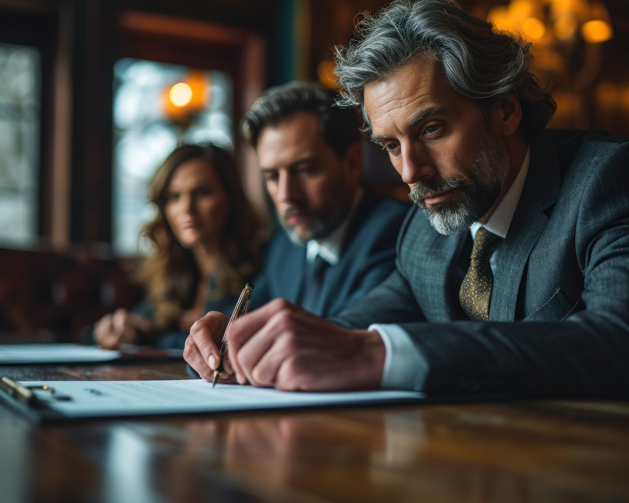 Three colleagues finalize agreement with joy, business meeting photo
