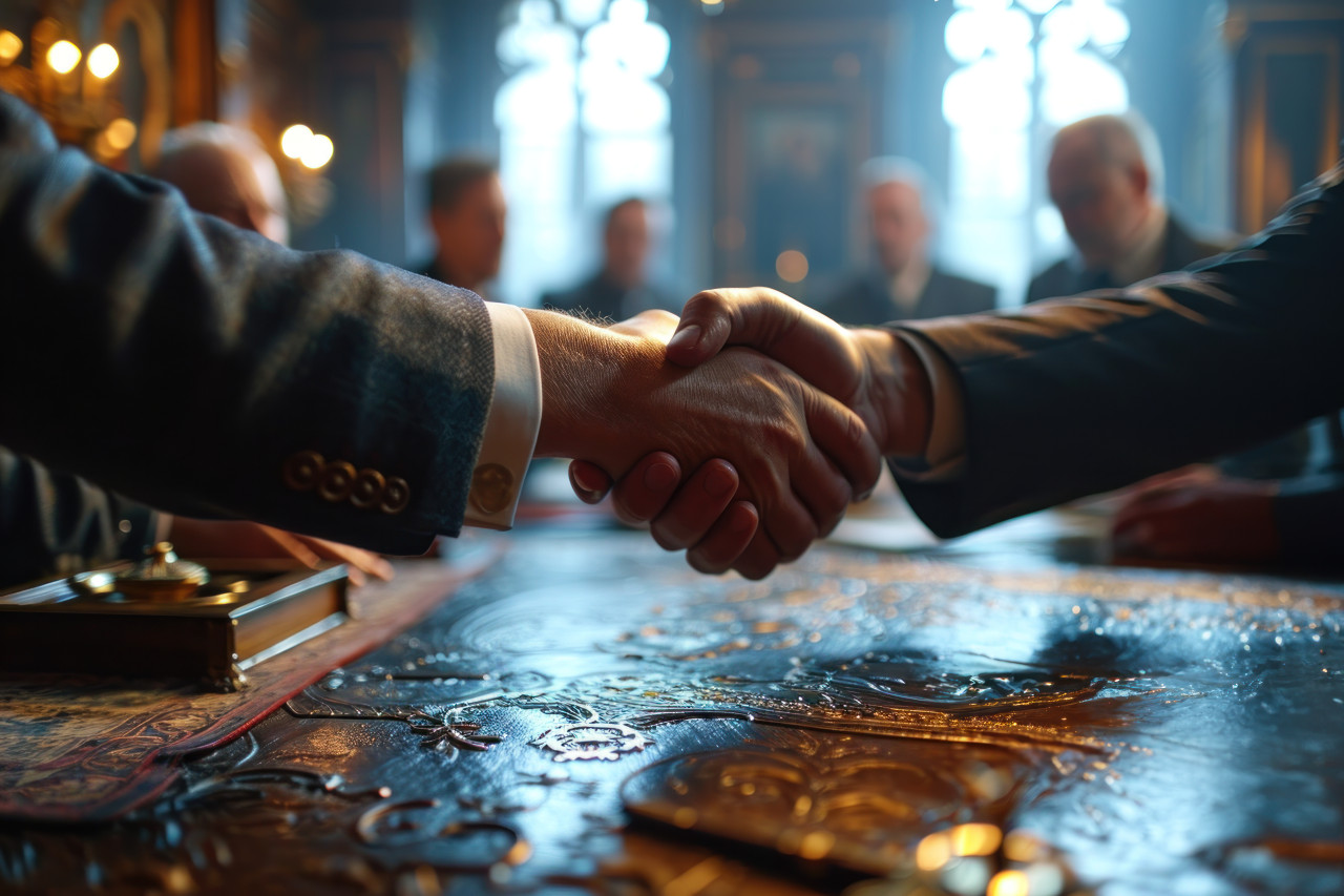 Business professionals shake hands in agreement, business meeting photo